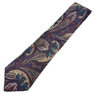 Lord & Taylor Mens Silk Paisley Tie Navy Blue Burgundy Gold Handmade Vintage 57"